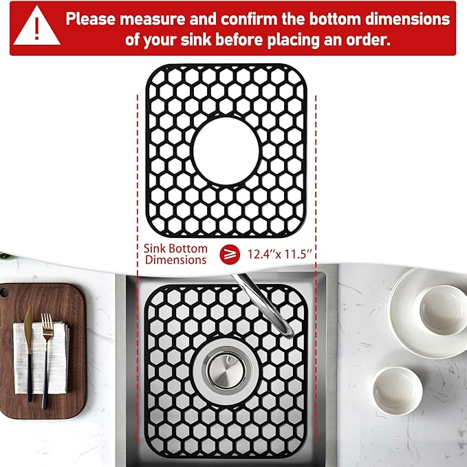 Bestjing Silicone Sink Protectors for Kitchen Sink - 12" x 11" Kitchen Grid Accessory, Non-Slip Heat-Resistant Mat for Bottom of Porcelain Stainless Steel, Dishwasher Safe (Black)