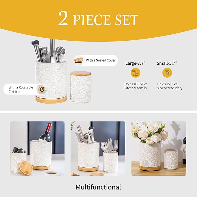 TEATALK Utensil Holder Set of 2, 7.7"+5.7" Ceramic Kitchen Utensil Holder for Countertop, Farmhouse Vintage Utensil Crock, 360° Rotating Large Utensil Organizer, White