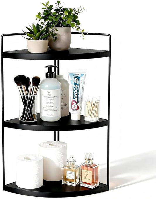Corner Bathroom Countertop Organizer, 3-Tier Rustic Wood Corner Shelf with Sturdy Metal Frame, Waterproof Vanity Storage for Cosmetics & Toiletries, Space Saving Rack for Kitchen, Black
