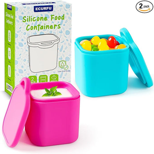 Ecurfu Silicone Dips Containers, 2x 4 oz Salad Dressing Container To Go, Condiment Container with Lids, Compatible with Most Bento Lunch Box (Pink/Cyan)