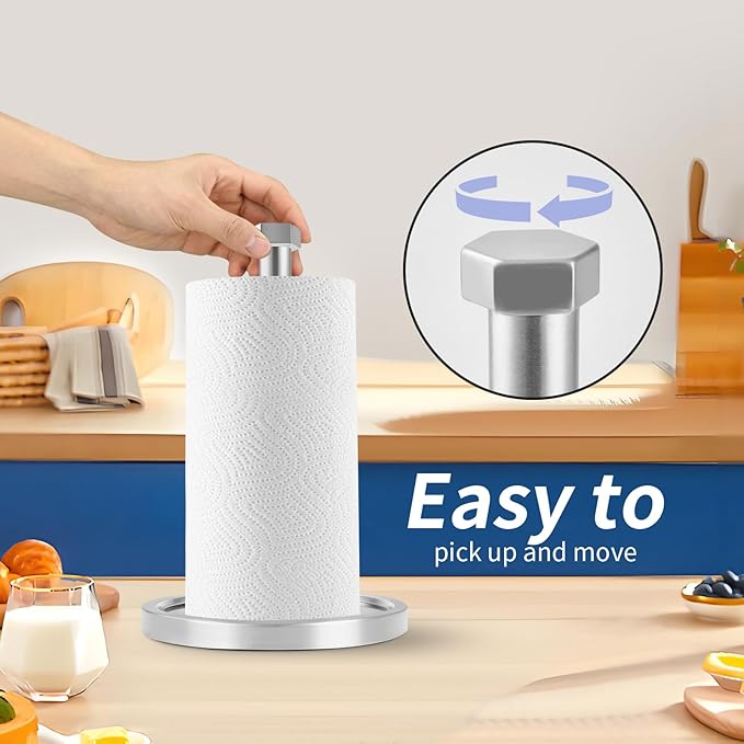 Paper Towel Holder Countertop, Stainless Steel Paper Towel Holder -Weighted Base, One-Handed Tear, Black Kitchen Roll Holder, Non-Slip Protect The countertop-New Silver