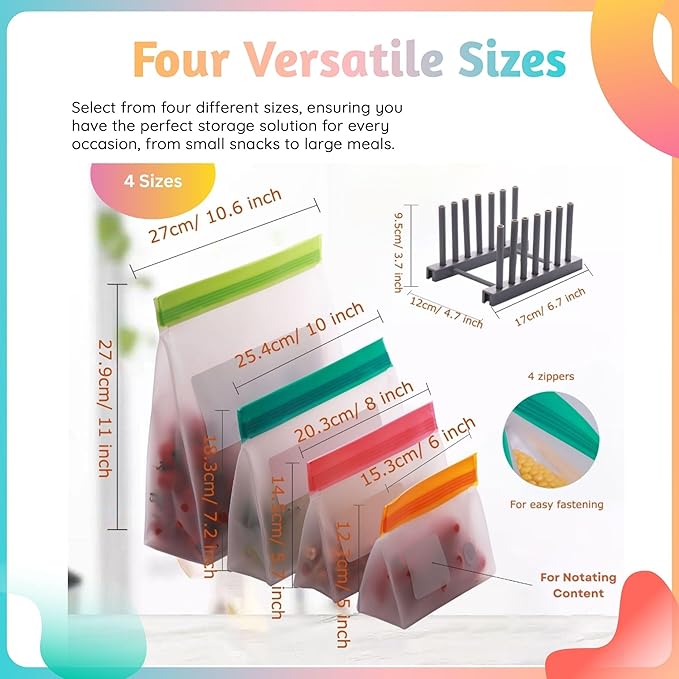 Reusable Food Storage Bags – 21-Pack Stand-Up, BPA-Free, Freezer, Dishwasher Safe & Eco-Friendly – 4 Gal, 6 L, 7 M, 3 S + Rack – Airtight Leakproof, Organization and Storage Bags (Multicolor)
