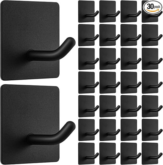 30 Pack Adhesive Towel Hooks – Heavy Duty Stainless Steel Stick-On Wall Hooks for Bathroom, Kitchen, Shower – No Drill, Rustproof, Matte Black (1.77” x 1.77” x 1.46”)