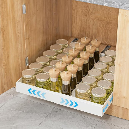 Insputer Pull Out Cabinet Organizer Expandable Width(12.2"-20.47") & 21" Deep, Slide Out Drawers for Kitchen, Pantry with Magnetic Panel, Upgrade 3 Slide Rails, No Drill Adhesive Roll Out Shelf White