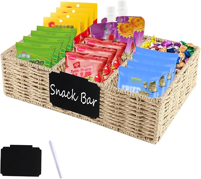 Snack Bar Station Organizer,Pantry Organizers and Storage Bins,Hand-Woven Snack Basket for Countertop with 6 Compartments,Snack Display Box for Candy,Drink Packet,Chips,Spice Organizer