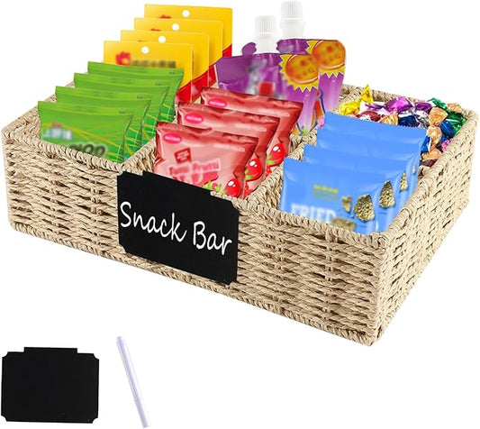 Snack Bar Station Organizer,Pantry Organizers and Storage Bins,Hand-Woven Snack Basket for Countertop with 6 Compartments,Snack Display Box for Candy,Drink Packet,Chips,Spice Organizer