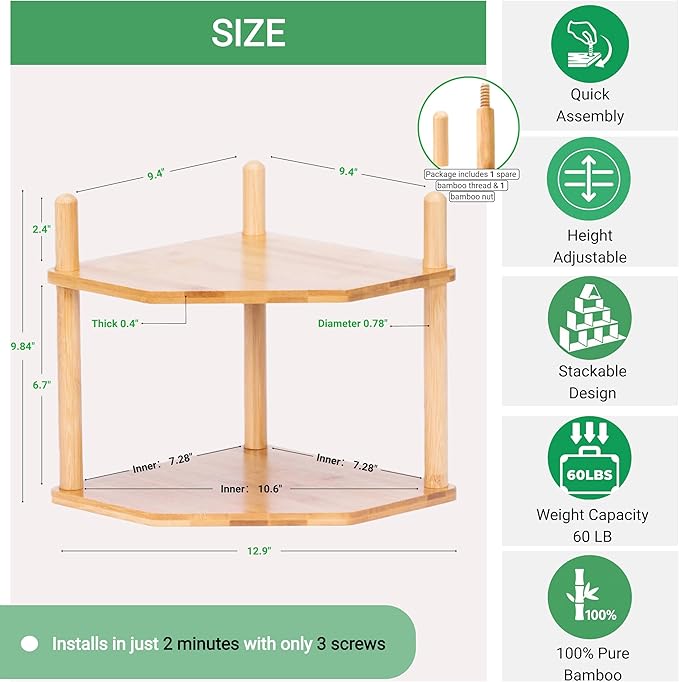 2 Pack 2-Tier Expandable Bamboo Corner Shelf - Dish/Plate Organizer for Cabinet, Kitchen Counter Shelf & Small Kitchen Shelf, Adjustable(2, 6.7" H)