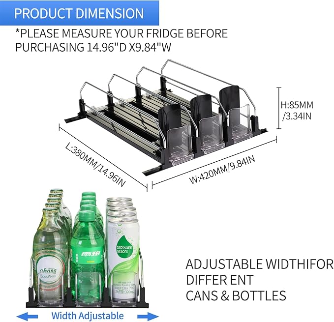 drink organizer for fridge，soda can organizer for Refrigerator,Automatic beverage dispensing saves refrigerator space; can hold 12-15 cans of beverages, 3-row pack.