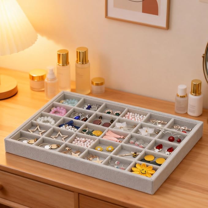 Stratalife Earring Organizer Stackable Jewelry Tray Removable Display Tray Organizer for Jewelry Necklace Earring Drawer Insert 30 Grid Grey