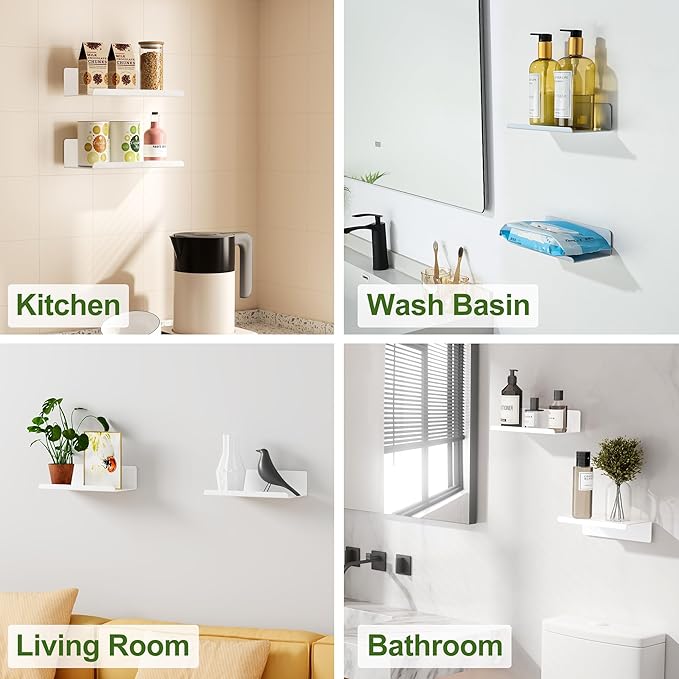 SAYAYO White Floating Shelves for Wall Storage, 8 Inch Adhesive Wall Shelves for Bedroom Decor, Small Display Bathroom Shelf Organizer for Kitchen, Living Room, Office, 2pcs