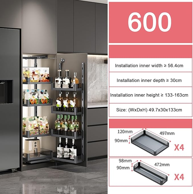WIGING 4-Tier Narrow Cabinet Pull-Out Basket, High Cabinet Pull-Out Storage Rack with Adjustable Dividers for Kitchen Bathroom Pantry, Single-Layer Load Capacity: 15kg(49.7x30x133cm)