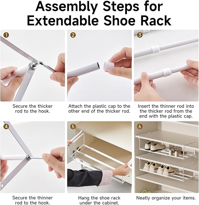 UFORU Expandable Hanging Shoe Rack Organizer for Closet, Adjustable Shoe Rack Under Cabinet Shelf, Versatile Under Shelf Storage for Kitchen, Book, Clothing Storage and Organization(White,2PCS)