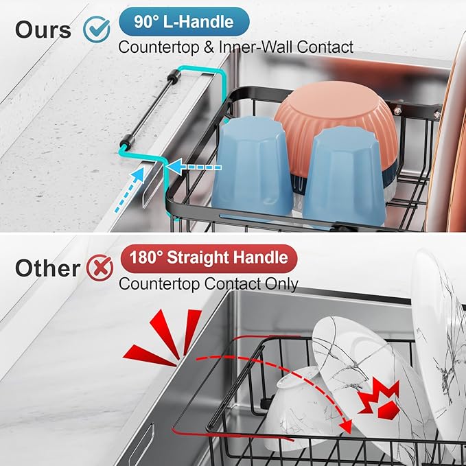 iSPECLE Expandable Dish Drying Rack for Kitchen Sink - Rust Resistant Adjustable Over The Sink Dish Drainer with Secure Locking Knob, 90° Anti-Slip L-Handles, 12.8" W x 12.4"-17.1" L, Black