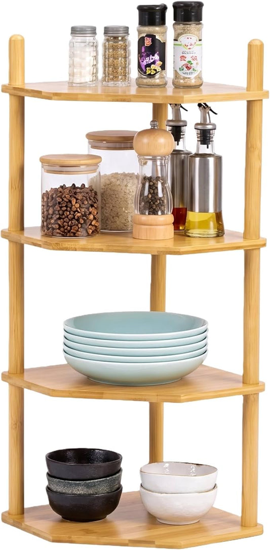 4 Tier Expandable Bamboo Corner Shelf - Dish/Plate Organizer for Cabinet, Kitchen Counter Shelf & Small Kitchen Shelf, Adjustable (1, 4Tier-6.7" H)