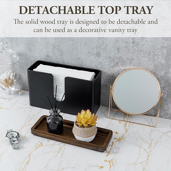 MyGift Decorative Wood Paper Towel Holder with Shelf - Wall Mounted Bathroom Napkin Dispenser