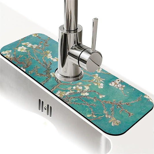 Kitchen Sink Splash Guard，Blossoming apricot flowers Faucet Mat Sink Gadgets-Super Absorbent Fast Drying Mat Drip Catcher for Kitchen, Bathroom,Sink Mat, Dish Drying Mat, Bathroom(15" X 5.5" )