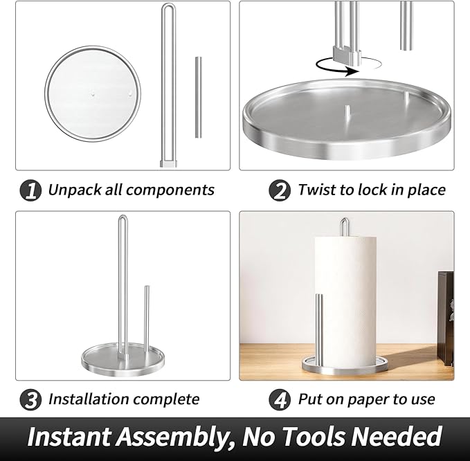 Paper Towel Holder Countertop, Freestanding Paper Towel Roll Holder with Weighted Base, Stainless Steel Standing Papertowel Holder for Kitchen, Silver