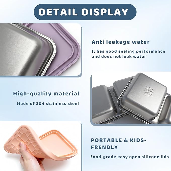3 Pack 15 oz Stainless Steel Snack Containers for Kids, reusable metal snack containers with Silicone lids, 2 Compartment Stackable Metal Toddler Lunch Box for Daycare, School and Outdoor