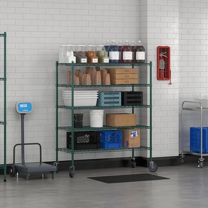 Commercial NSF Listed Green Epoxy Mobile Wire Shelving Kit 21" x 48" x 60", with 5 Shelves Perfect for Warehouse, Walk-in Refrigerator, Freezer, Grocery Store, Restaurant, Dishroom