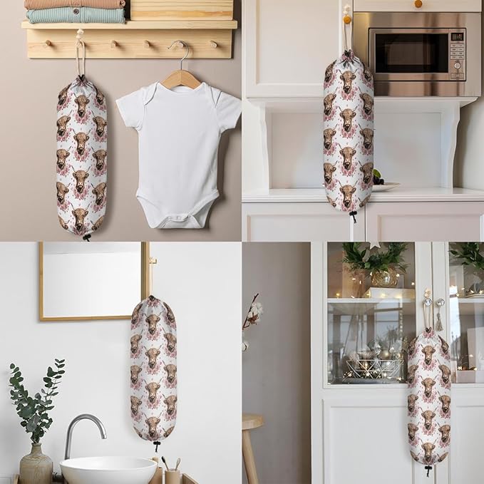 Plastic Bag Holder Heart Rose Highland Cow Wall Mount Grocery Bag Holder Wasgable Plastic Bag Dispenser Garbage Bag Organizer for Home Kitchen Decor, Gifts for Women Mom Family Friends