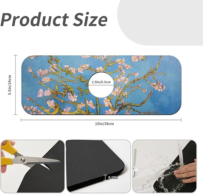 Kitchen Sink Splash Guard，Almond tree Faucet Mat Sink Gadgets-Super Absorbent Fast Drying Mat Drip Catcher for Kitchen, Bathroom,Sink Mat, Dish Drying Mat, Bathroom(15" X 5.5" )