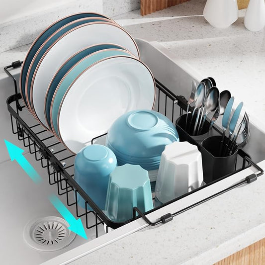 GSlife Over The Sink Dish Drying Rack - Capacity Expandable in Sink Dish Drying Rack with Lock Knob and Utensil Holder, 12.2"-17.3" L x 12.6" W, Black