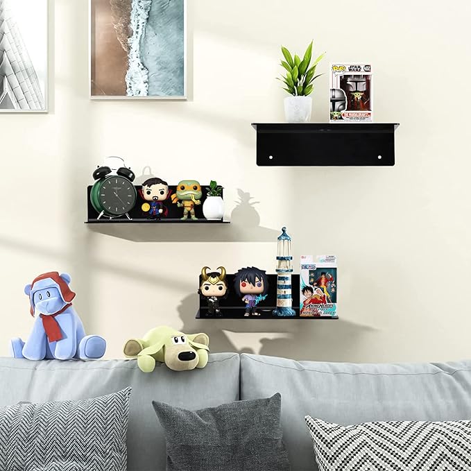 luium 9 Inch Acrylic Floating Shelf No Drill Adhesive Wall Shelf Set of 4 for Funko Pop Storage, Floating Shelves Damage-Free Expand Wall Space for Living Room, Bathroom, Gaming Room, Office - Black