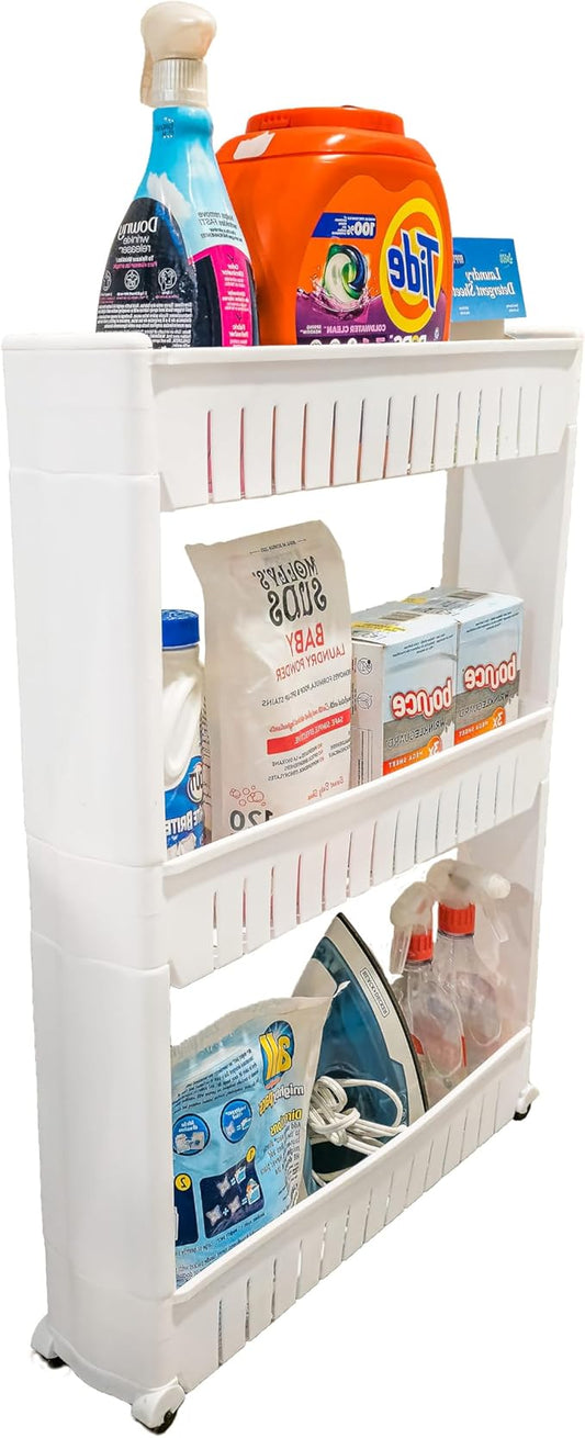 Slim Rolling Storage Cart for Bathroom and Laundry Room Organization - Narrow Space-Saving Mobile Shelving Utility Cart - Versatile Tier Design