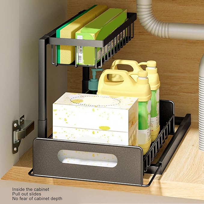 Under Sink Organizer L Shape 2 Tier Slide Out Sink Shelf, Under Sink Storage Organizer with Slide Out System, Carbon Steel Under Sink Shelf for Kitchen Bathroom, Includes