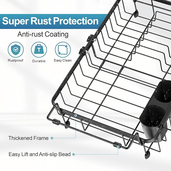 iSPECLE Expandable Dish Drying Rack for Kitchen Sink - Rust Resistant Adjustable Over The Sink Dish Drainer with Secure Locking Knob, 90° Anti-Slip L-Handles, 12.8" W x 12.4"-17.1" L, Black