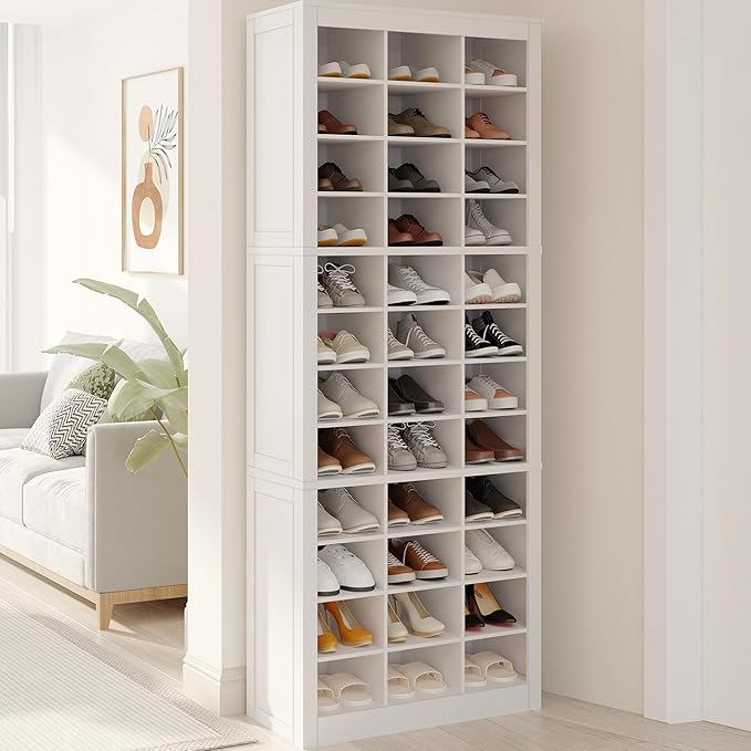 Shoe Storage Cabinet, 36 Pairs Free Standing Closet Organizer, 9 inch Widened Cell Wood Shoe Organizer, 12 Tiers Vertical Space Saving Shoe Rack for Entryway, Cloakroom, White SR20703X