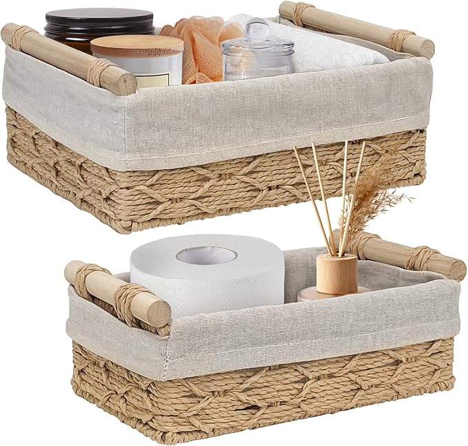 Wicker Storage Baskets with Wooden Handle, Decorative Paper Rope Organizer Bins for Home, Bathroom, or Countertop, Small Baskets Set of 2 (Beige)