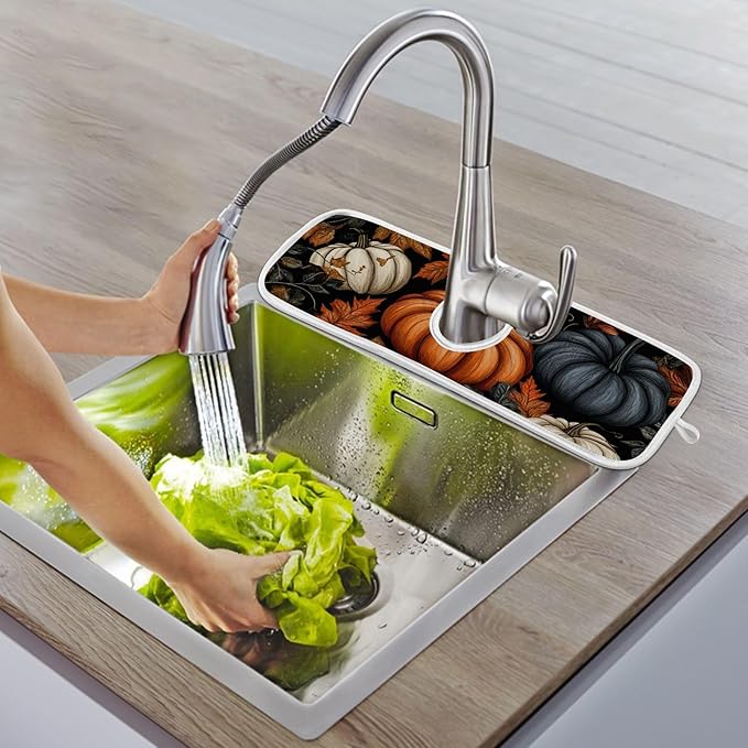 2 PCS Kitchen Sink Splash Guard 14.9 Inch Faucet Mat for Kitchen Sink Bathroom Sink Faucet Absorbing Drip Drain Mat Pad Microfiber Soft Washable Black Autumn Pumpkins Flowers Maples