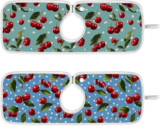 2 PCS Kitchen Sink Splash Guard 14.9 Inch Faucet Mat for Kitchen Sink Bathroom Sink Faucet Absorbing Drip Drain Mat Pad Microfiber Soft Washable Green Blue Cherry and Polka Dots