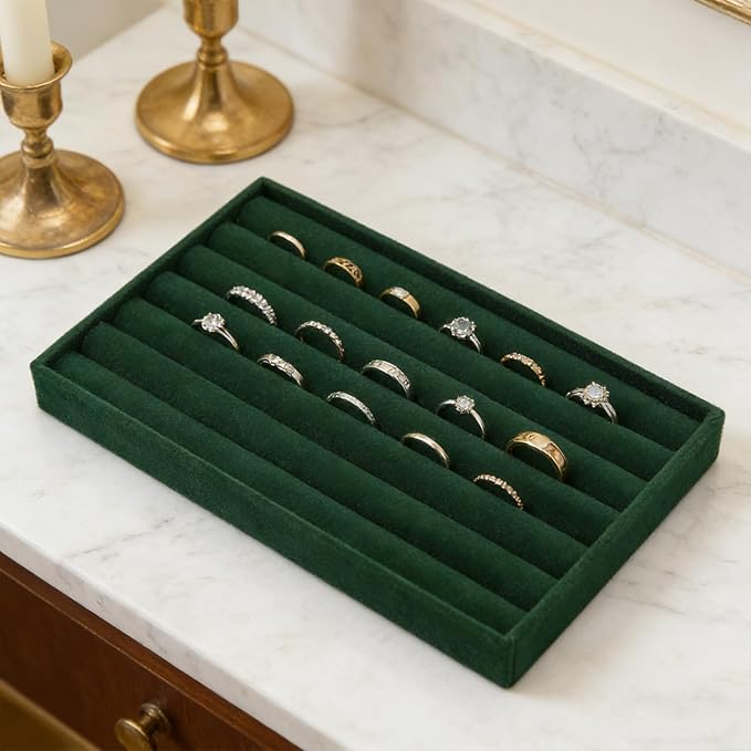 Velvet Jewelry Organizer Trays Dark Green Stackable Jewelry Storage Display Tray with Removable Dividers, 8 Rolls