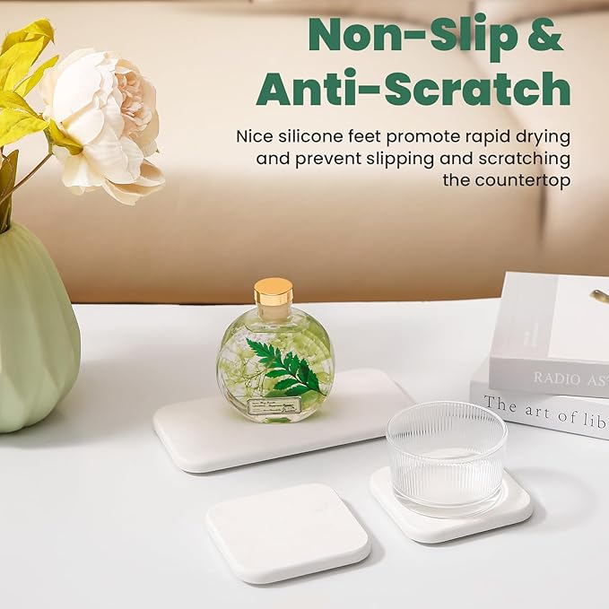 3PCS Water Absorbing Diatomaceous Earth Tray for Sink, Fast Drying Soap & Toothbrush Holders for Bathroom Counter, 1 Stone Tray, 2 Stone Coasters
