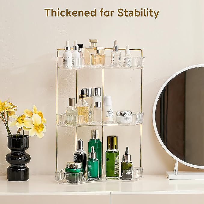 3-Tier Corner Bathroom Counter Organizer, Plastic Countertop Makeup Organizer, Large Capacity Vanity Bathroom Perfume Shelf Rack for Kitchen Office Desktop (Green)