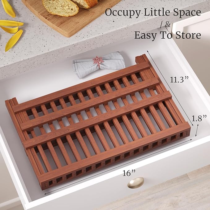 Teak Dish Drying Rack,Folding Collapsible Drainer Plate Organizer Holder for Kitchen,Foldable Spice Rack for Countertop and Cabinet,Pantry Organization and Storage