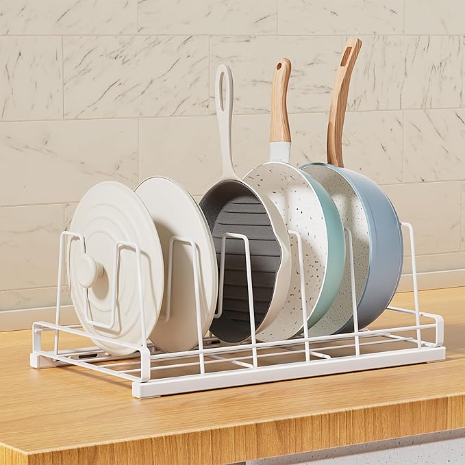 Food Container Lid Organizer for Cabinet,with 6 Adjustable Dividers Detachable,Metal Pot Lid Organizer Rack Storage Plastic Lids Pots Bakeware for Cabinets, Cupboards,Pantry, Drawers (White)