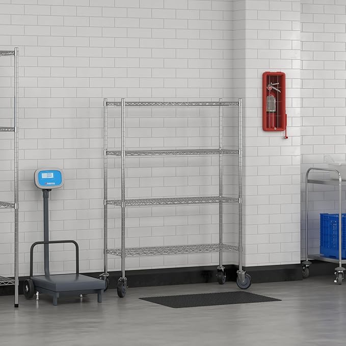 Commercial NSF Listed Chrome Mobile Wire Shelving Kit 14" x 42" x 60", with 4 Shelves Perfect for Warehouse, Walk-in Refrigerator, Freezer, Grocery Store, Restaurant, Dishroom