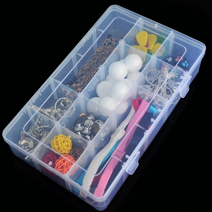 Kamay's Adjustable XL15 Compartment Slot Plastic Craft Storage Box Thick Hard Plastic Hobby Craft Storage Box Case With Snap Lock Ideal For Small Items…