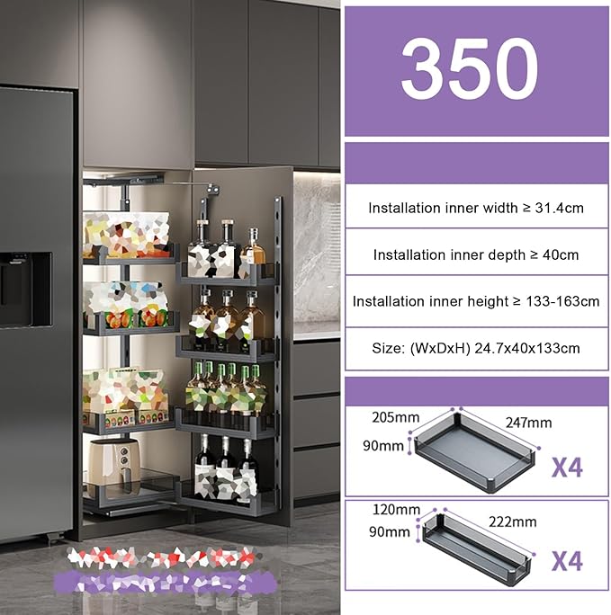 WIGING 4-Tier Narrow Cabinet Pull-Out Basket, High Cabinet Pull-Out Storage Rack with Adjustable Dividers for Kitchen Bathroom Pantry, Single-Layer Load Capacity: 15kg(24.7x40x133cm)