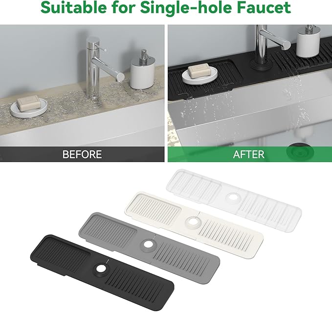 Kitchen Sink Splash Guard Behind Faucet 24 x 5.5 Inch, Toovem Faucet Handle Drip Catcher Tray, Longer Silicone Sink Faucet Mat, Dish Soap Sponge Holder for Bathroom, Farmhouse, Bar, Rv,Black