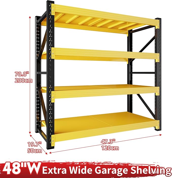 48" W Garage Shelving 3000LBS Garage Shelving Heavy Duty 4-Tier Metal Storage Shelves Adjustable Shelf Unit Storage Rack for Basement Supermarket Warehouse 48" W x 24" D x 78" H Yellow