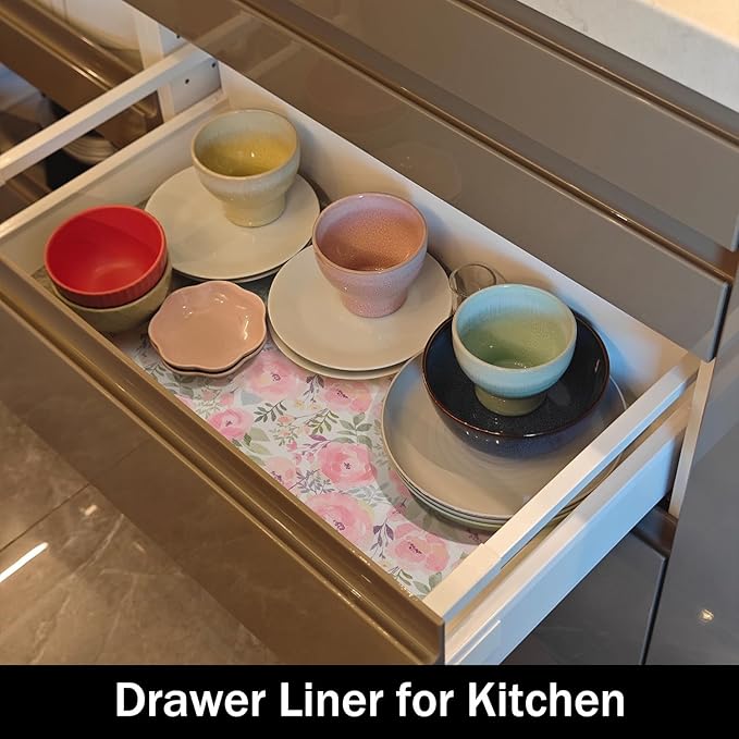 Amiitay Peach Peony Shelf and Drawer Liner 12IN x 20FT,Non-Adhesive and Strong Non-Slip Floral Cabinet Drawer Liners for Kitchen Shelf, Waterproof Cupboard Liners,Easy to Clean