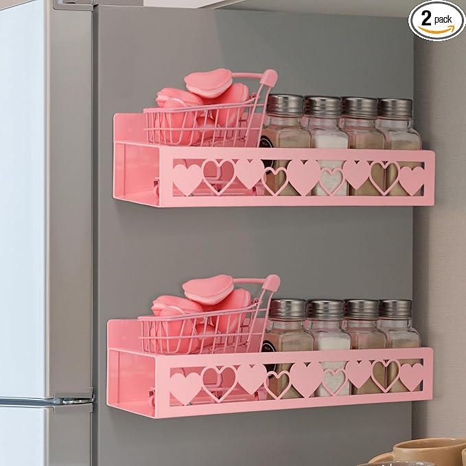 2 Pack Heart Magnetic Spice Rack for Refrigerator Metal Magnet Basket Shelf for Fridge Seasoning Storage Organizers Home Decor Kitchen Accessories (Pink)