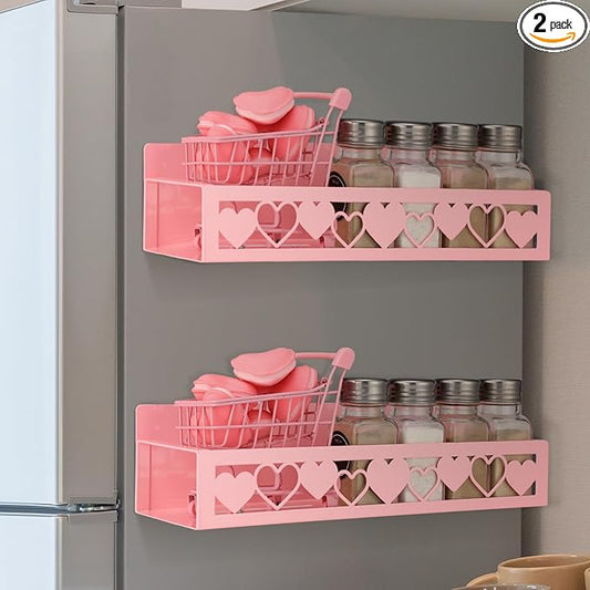 2 Pack Heart Magnetic Spice Rack for Refrigerator Metal Magnet Basket Shelf for Fridge Seasoning Storage Organizers Home Decor Kitchen Accessories (Pink)