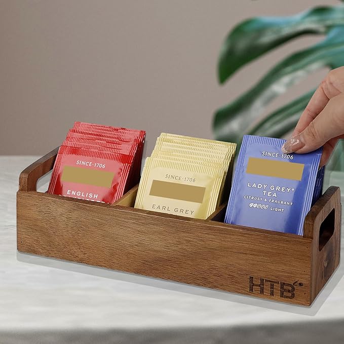 HTB Small Tea Bag Box Wooden, 3 Compartments Acacia Wood Tea Bag Chest with Handle, Mini Countertop Divided Storage Container for Beverage Supplies, Sugar, Sweeteners, Individual Packets