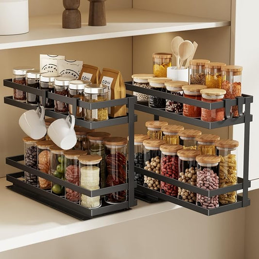 Pull Out Spice Rack Organizer for Cabinet, 2 Pack Metal Seasoning Organizer Slide Out Spice Storage Shelf No Assembly Vertical Spice Rack Pullout for Kitchen & Bahthroom No Drill(2 Tier,Black)