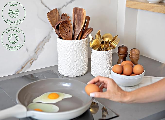 25DOL Large 7.3"+5.4" Engraved Ceramic Utensil Holder for Countertop, Cooking Utensils Organizer for Spatula, Large Utensils Crock for Kitchen Counter, Kitchen Decor, set of 2, White